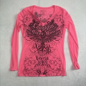 Y2K Ryder Sports Laughlin River Run Pink V-Neck Long Sleeve Top Bedazzled Large